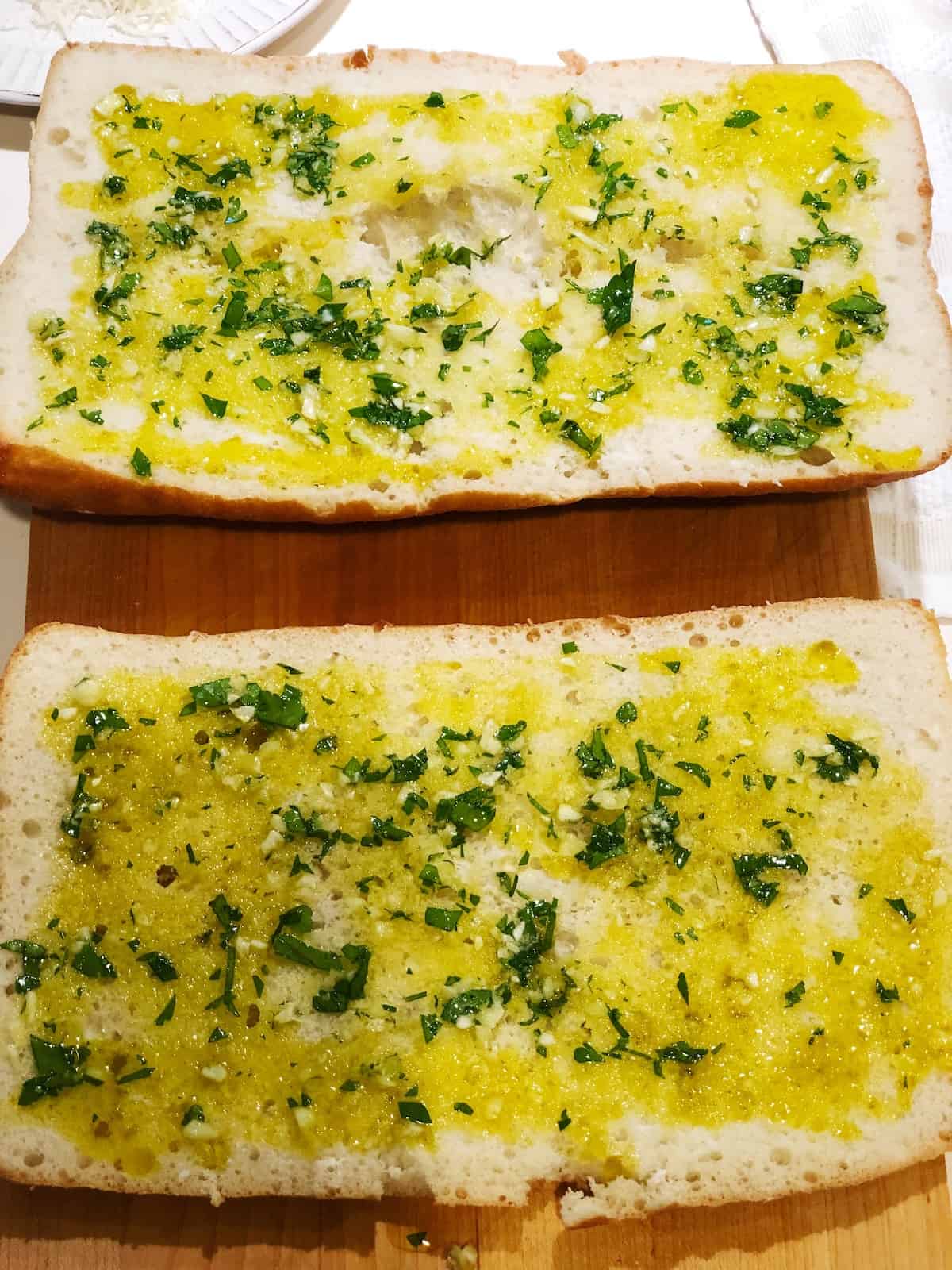 garlic ciabatta with olive oil brushed over the top