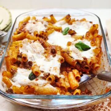 rigatoni al forno in a baking dish on the counter