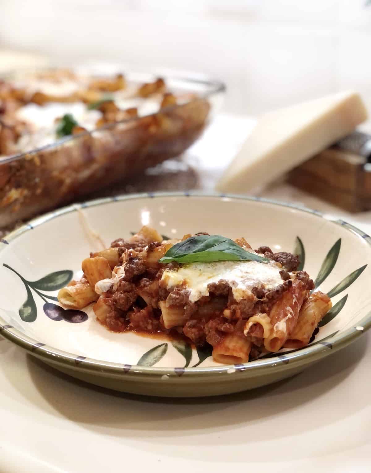 serving of rigatoni al forno in a pasta bowl