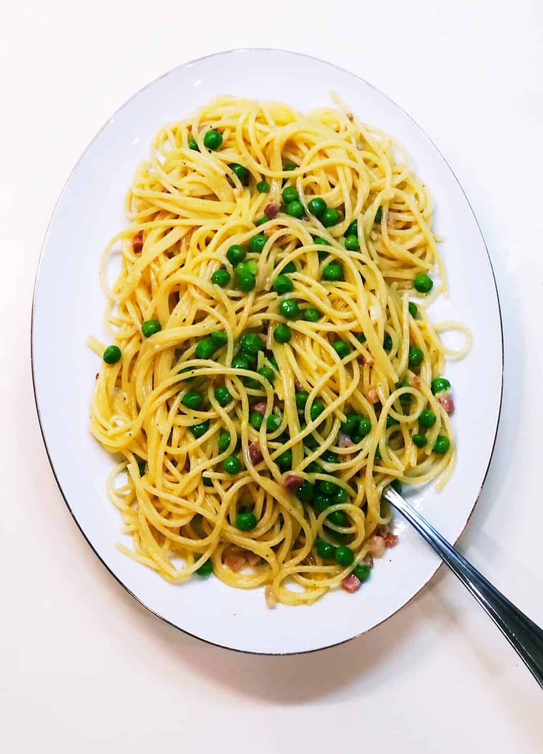 Easy Spaghetti alla Carbonara with Pancetta and Peas Keeping It