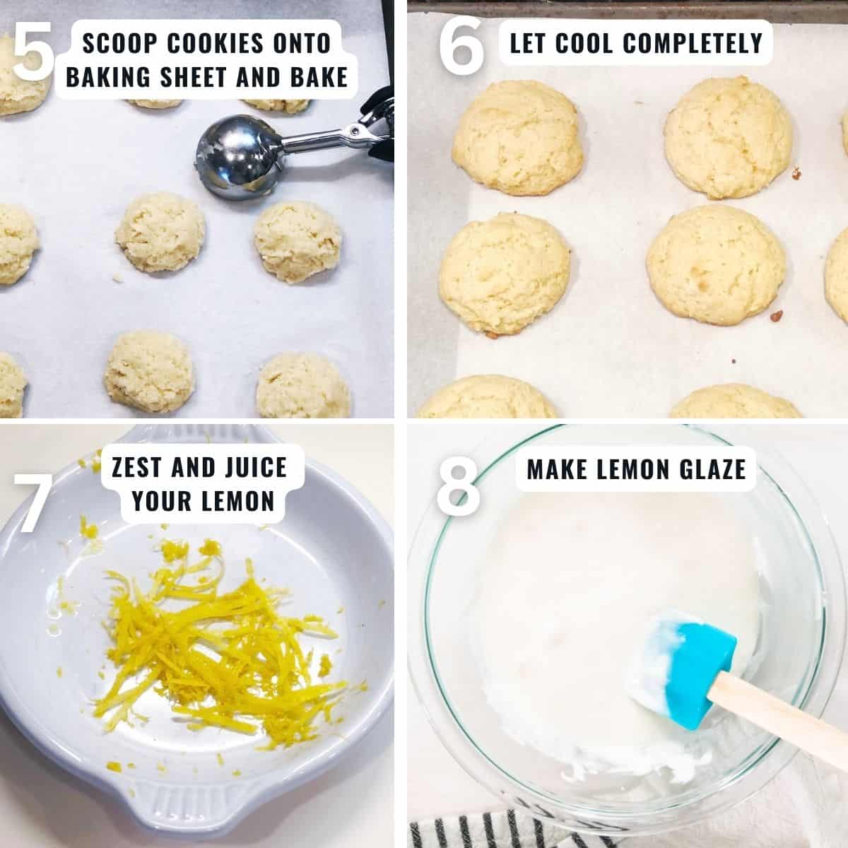 The next four steps in making the cookies from scooping the cookies onto a sheet pan for baking then cooling them. Next, zesting the lemon and making the lemon glaze.