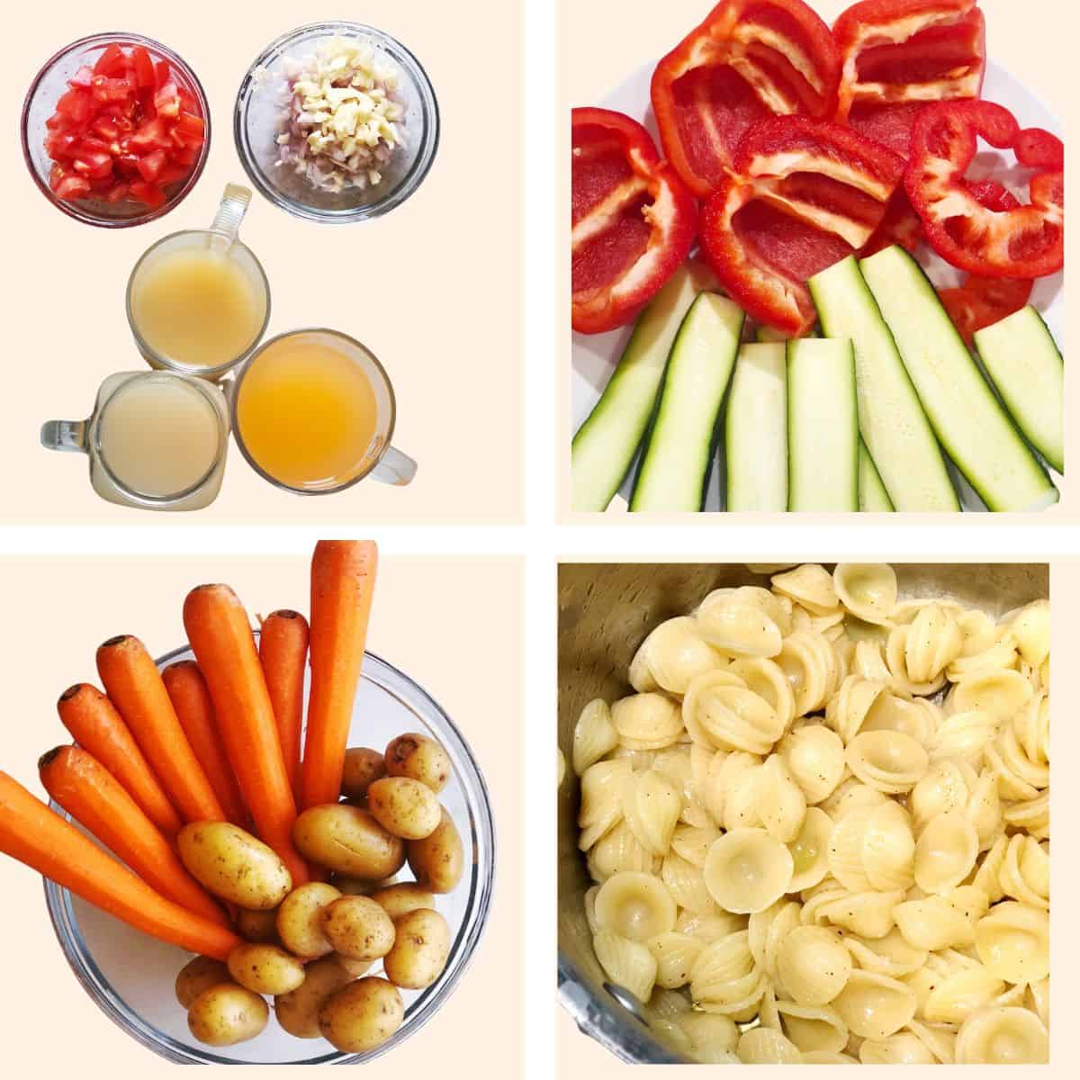 Ingredients for zucchini soup with orecchiette including: tomatoes, onions, garlic, carrots, potatoes, zucchini, red peppers, chicken stock and orecchiette pasta.