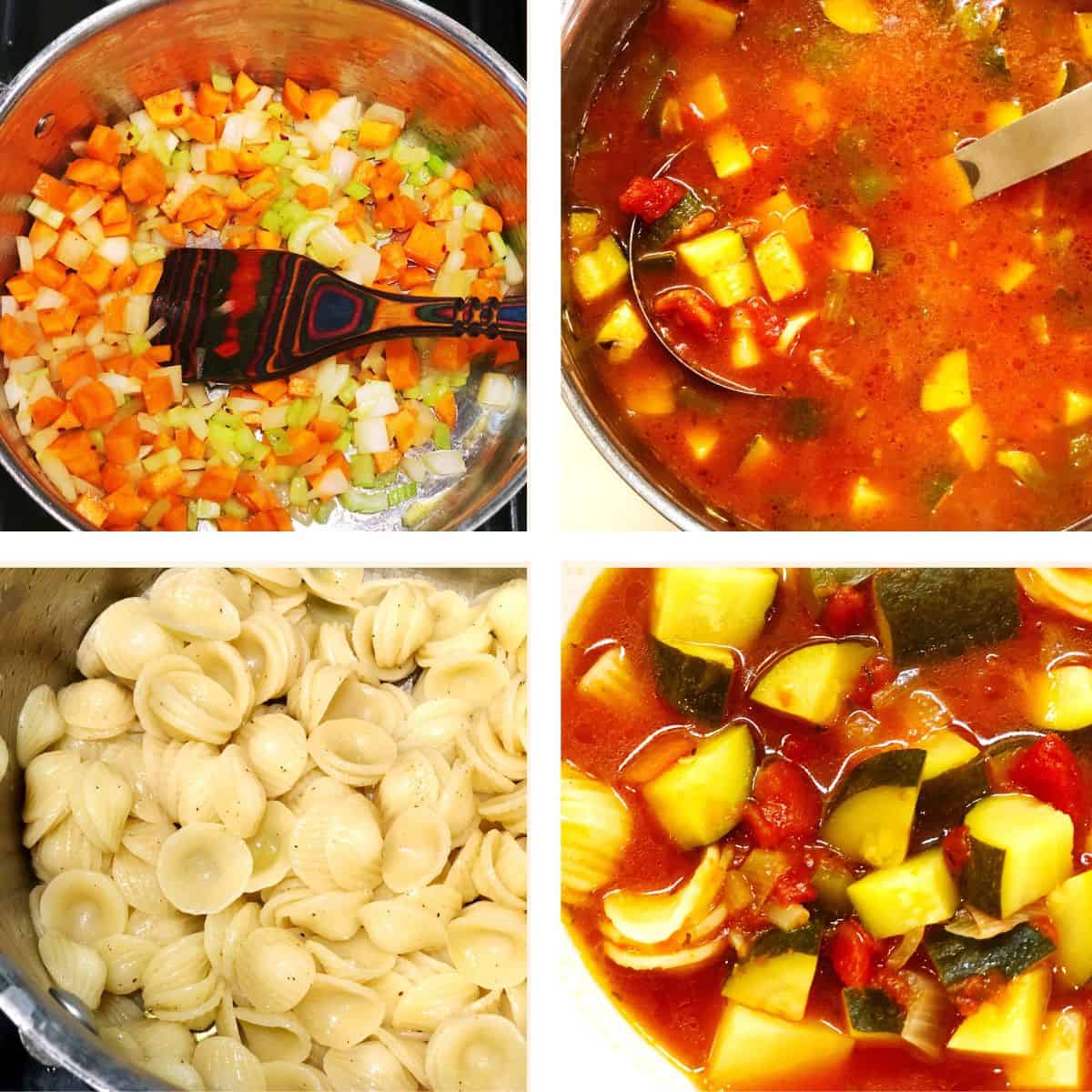 Steps to prepare the zucchini soup with orecchiette including, sauteing the aromatics, adding the chopped zucchini and veggies to a large pot along with the stock then simmering. Cooking the orecchiette pasta separately then assembling the soup and pasta in a bowl.
