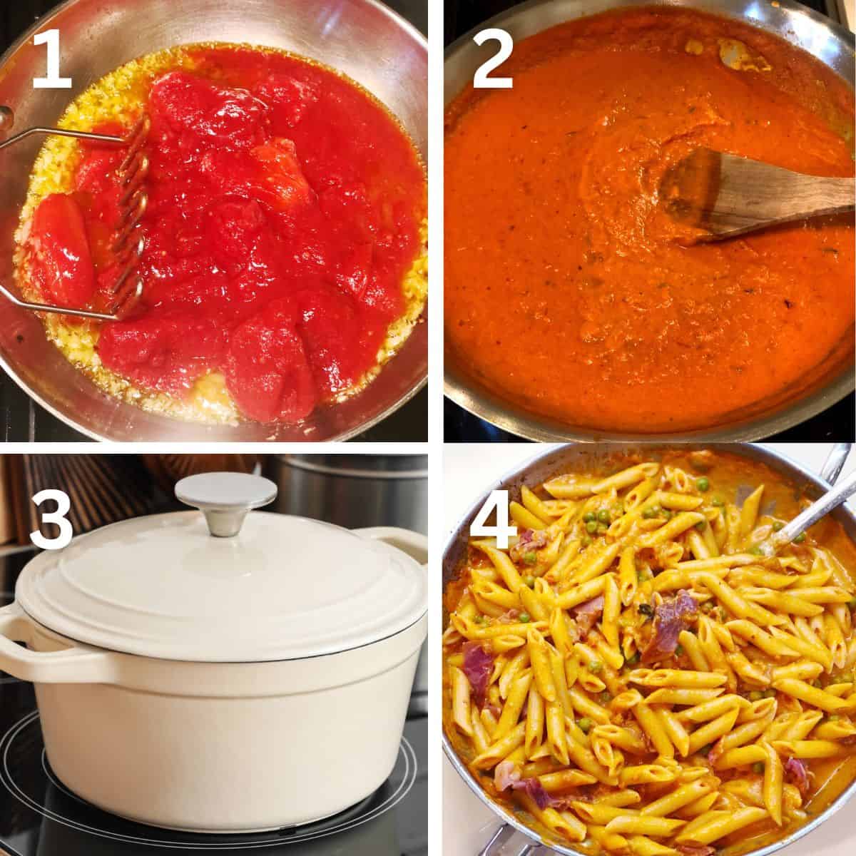 Preparing the penne alla vodka with prosciutto including: making the sauce with the tomatoes, seasonings, cream and vodka, cooking the pasta then tossing the pasta with the sauce and adding the peas and prosciutto.