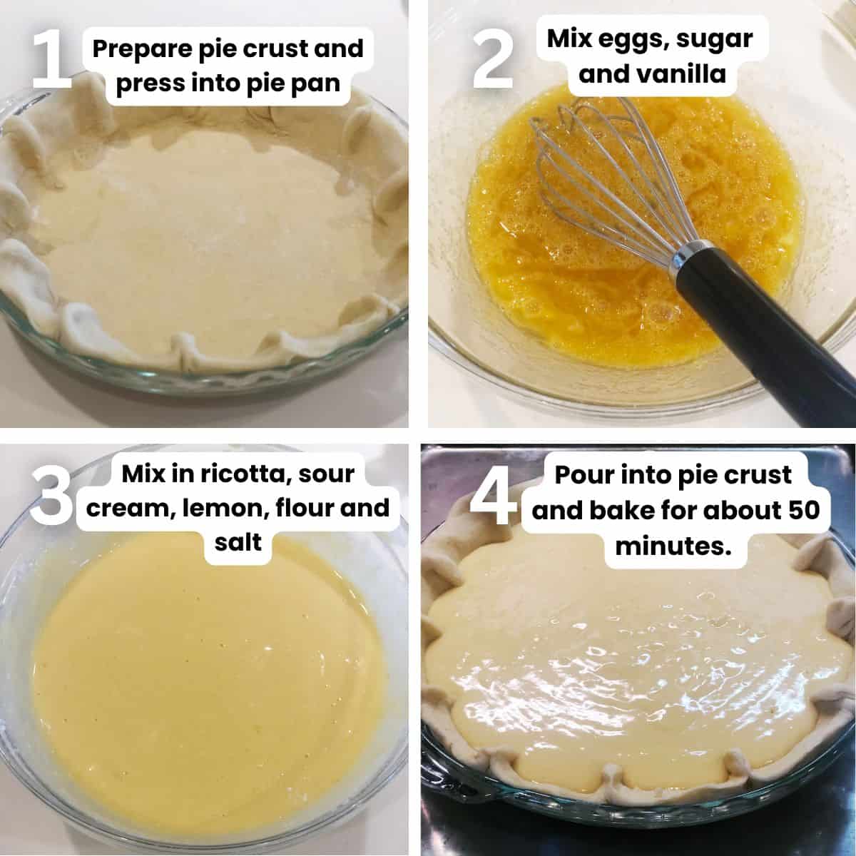 Preparing the ricotta pie including: pressing pie crust into pie dish, mixing all of the ingredients in a large bowl, pouring the ricotta pie custard into the pie crust and baking until set.