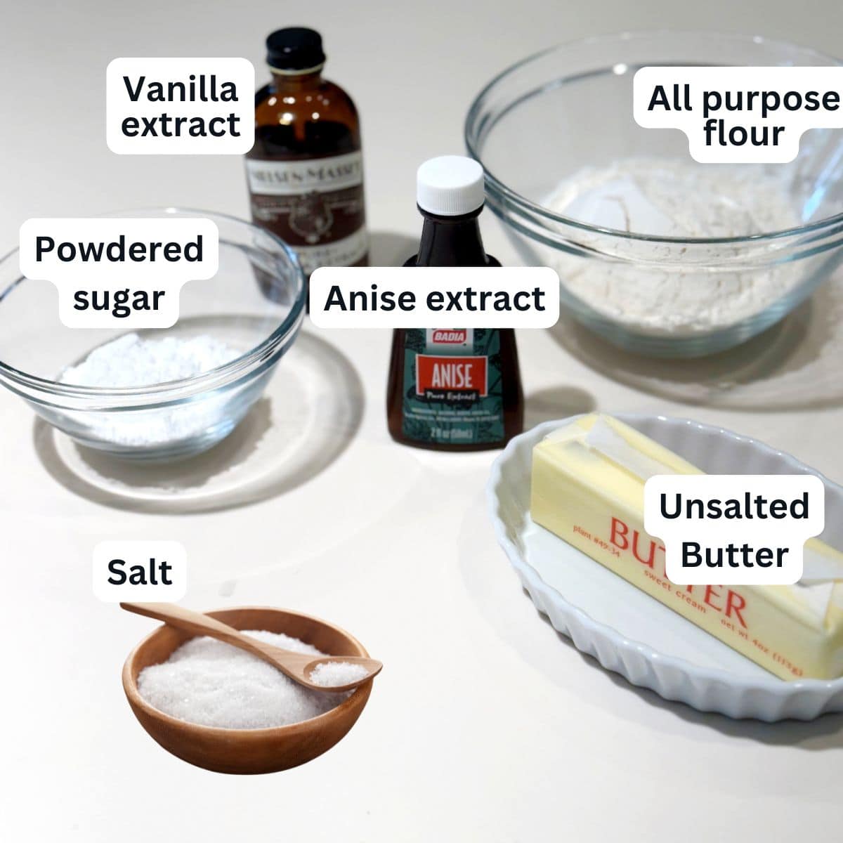 Whipped Italian Anise Shortbread Cookie ingredients on the counter.