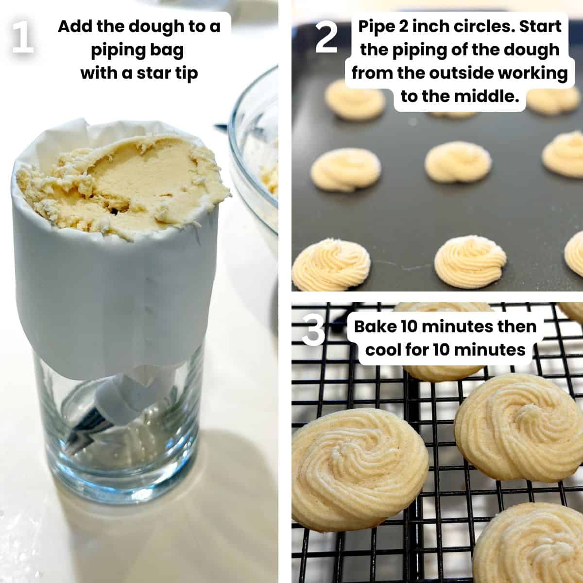 Showing how to use a piping bag to make the shortbread cookies with a swirl pattern.