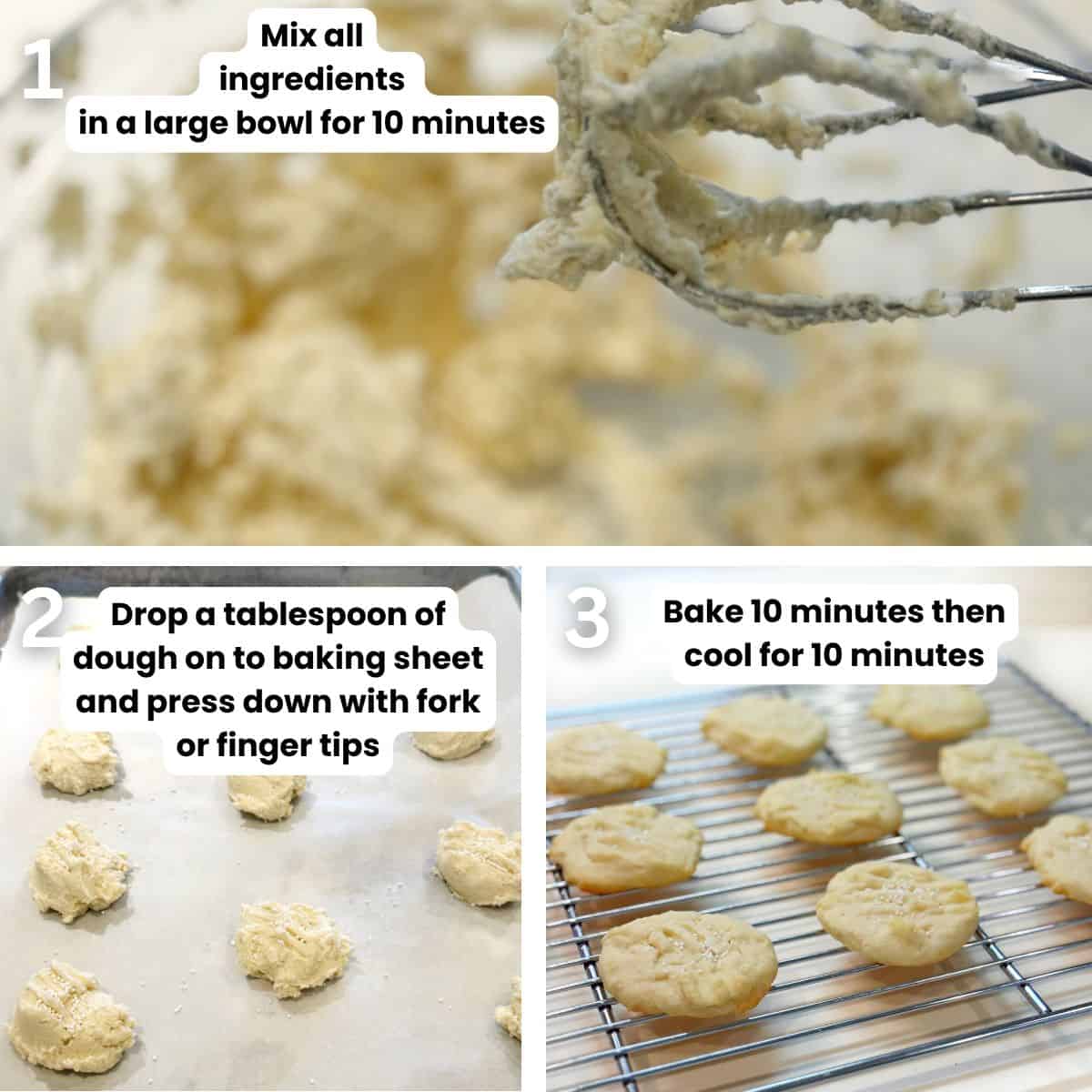 Whipped Italian Anise Shortbread Cookies preparation from mixing the dough to dropping spoonfuls on to a baking sheet then baking.