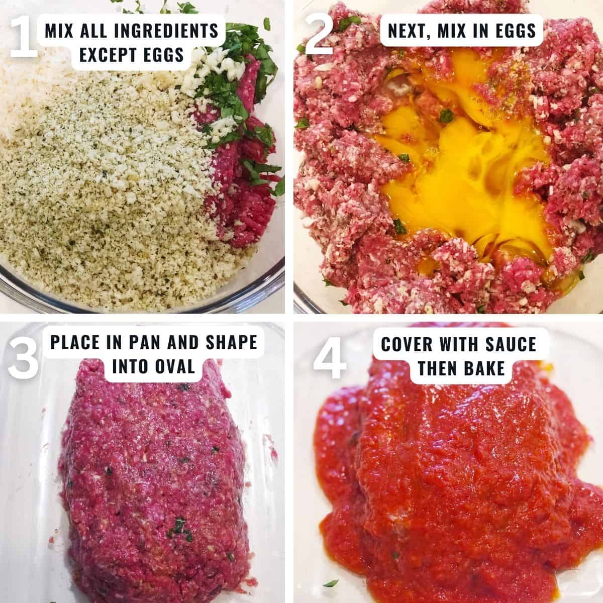 Italian meatloaf preparation steps in pictures from mixing the ingredients together, shaping the meatloaf into an oval in a pan then covering it in red sauce.