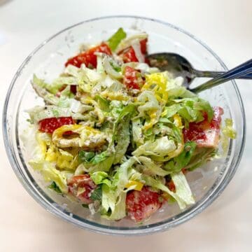 Italian salad in a bowl on the counter.