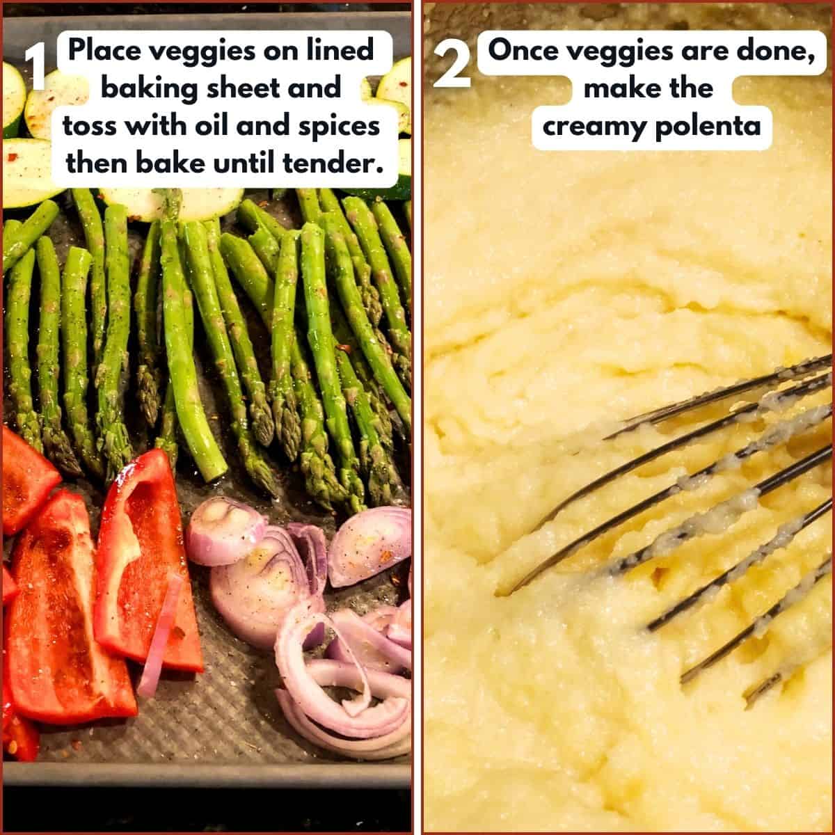 Making the polenta with roasted vegetables.