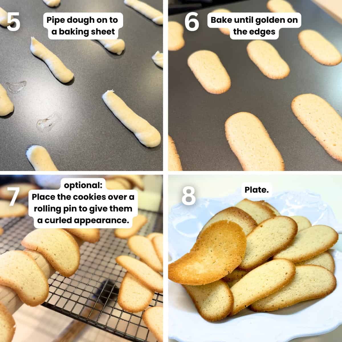Preparing the cookies from piping them on to a baking sheet, baking them, curling them and then plating.