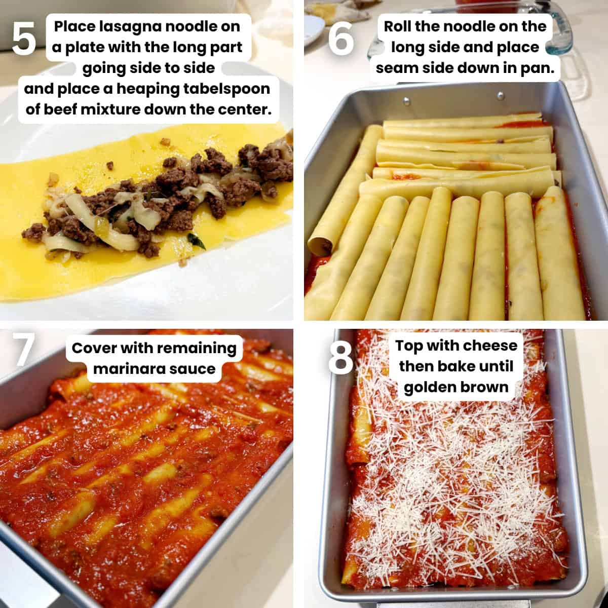 Assembling the baked cannelloni.