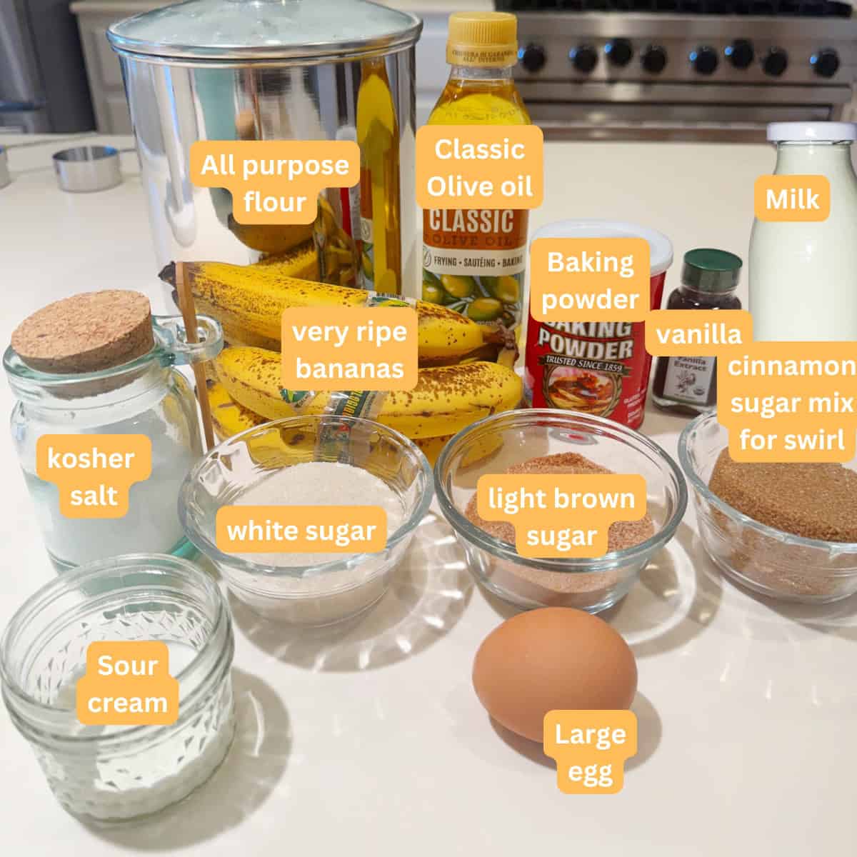 Ingredients for the olive oil banana bread.