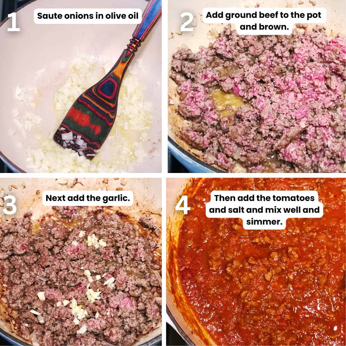 Italian meat sauce preparation steps.
